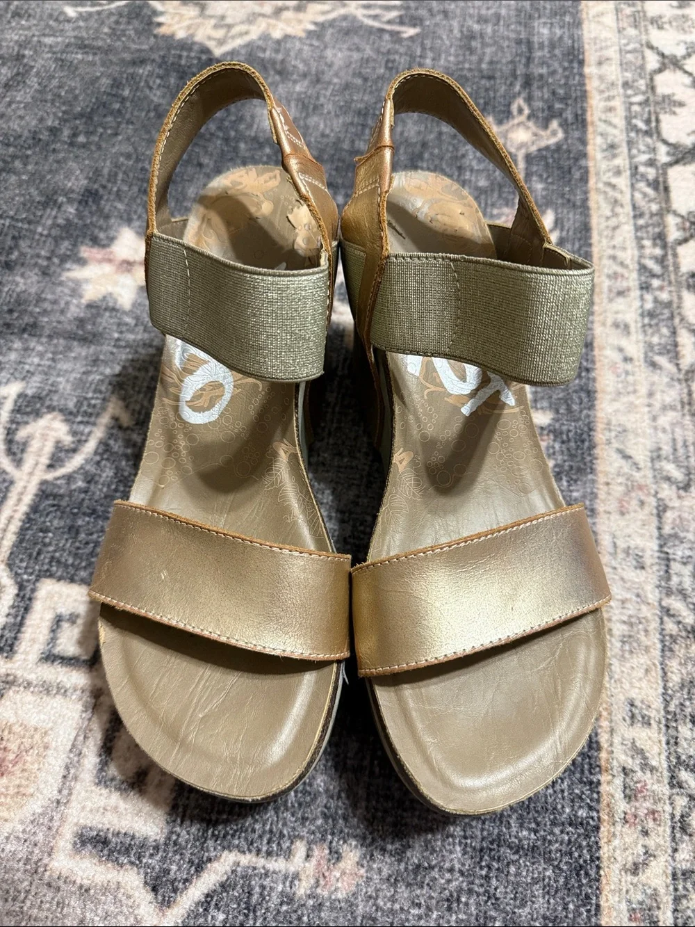 OTBT Metallic Gold and Olive Wedge Sandals
